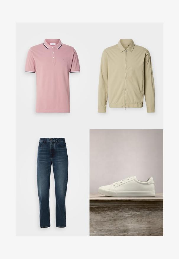 Chaqueta ligera de color beige con mangas largas, cuello y cremallera plateada de largo completo en la parte delantera sobre un fondo blanco.; Camisa polo rosa con una tapeta de dos botones, cuello acanalado con rayas en marino y blanco, y un sutil logo bordado en el pecho.; Jeans de pierna recta azul oscuro con cierre frontal de botón y cremallera, diseño de cinco bolsillos y un ligero desgaste en los muslos y las rodillas.; Zapatilla blanca con cordones flotando sobre un banco de madera con follaje verde al fondo, mostrando el diseño y la textura del zapato.
