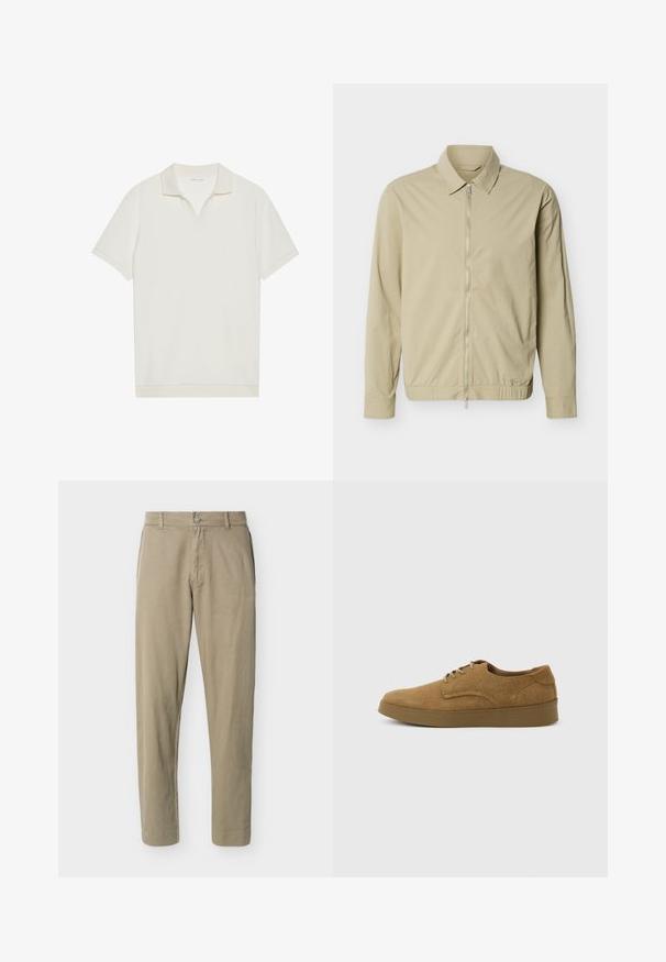 Veste légère beige à manches longues, col, et fermeture éclair argentée sur toute la longueur à l'avant, sur fond blanc.; Polo blanc à manches courtes avec un col en V et un tissu texturé. Design simple avec un col et des accents de manches contrastants.; Pantalon en coton beige à coupe droite avec passants pour ceinture, bouton frontal et fermeture éclair, présenté sur un fond blanc uni.; Chaussure décontractée à lacets en daim marron avec semelle en caoutchouc plate, vue de côté sur un fond clair uni.