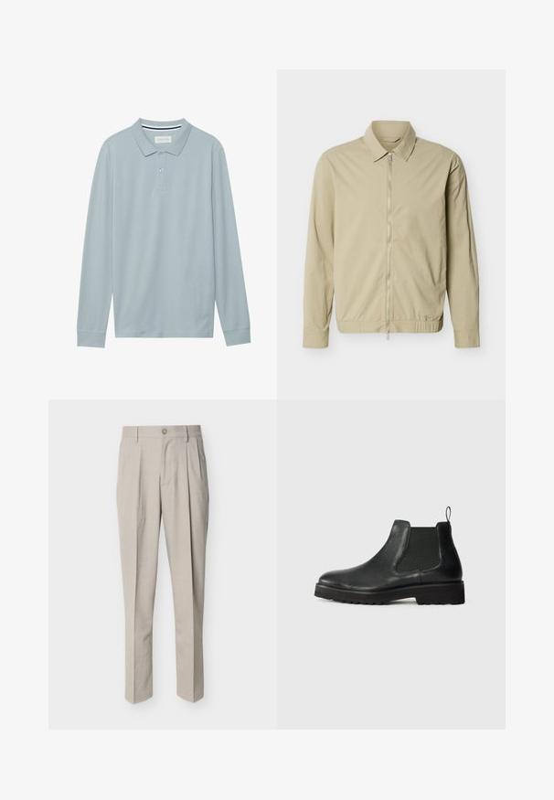 Beige lichtgewicht jack met lange mouwen, een kraag en een zilveren rits van boven tot onder aan de voorkant, tegen een witte achtergrond.; Lange mouw polo shirt in lichtblauw met een vlakke kraag, een drieknoopssluiting en een subtiele textuur. Beschikt over een gestreepte binnenkraag.; Beige op maat gemaakte herenkleding met voorplooien, riemlussen, een knoopsluiting en een rechte pijp, afgebeeld tegen een witte achtergrond.; Zwarte leren chelsea boot met een elastische zijpaneel, ronde neus, gestructureerde zool en een klein trek lusje bij de hiel.