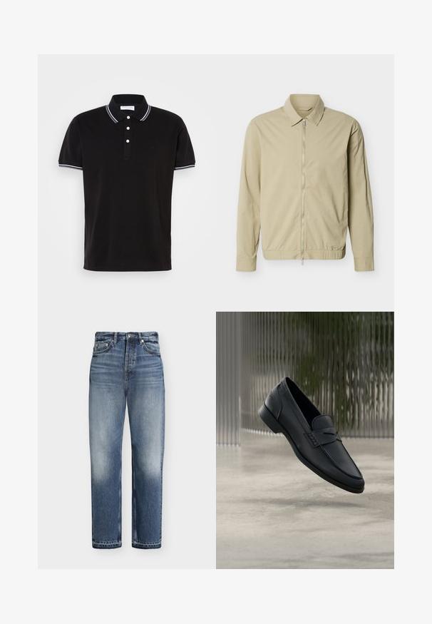Beige letvægtsjakke med lange ærmer, krave og en sølvfarvet lynlås i fuld længde foran mod en hvid baggrund.; Sort polo-shirt lavet af bomuld, med en tre-knaps lukning, hvid kant på kraven og ærmerne samt diskret logodetaljering.; Blå jeans med høj talje og rette ben med falmede detaljer, forlommer, knaplukning og bæltestropper på hvid baggrund.; Sort læderloafer med glat finish, spids tå og sømdetaljer over vristen. Lav hæl og minimalistisk design.