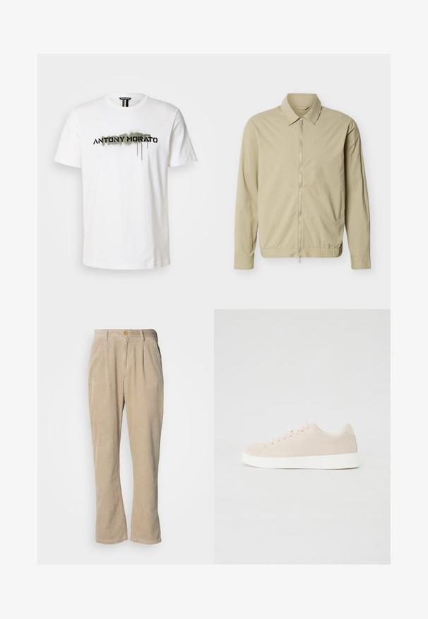 Beige letvægtsjakke med lange ærmer, krave og en sølvfarvet lynlås i fuld længde foran mod en hvid baggrund.; Hvid bomulds T-shirt med et dristigt sort "ANTONY MORATO" logo med grønne spraymaling detaljer, rund halsudskæring og korte ærmer.; Beige kordfløjlsbukser med lige ben-silhuet, som har læg ved taljen og en frontlukning med knap. Tekstureret overflade.; Beige ruskindsneakers med hvide gummisåler, rund tå og seks snøringshuller. Glat tekstur med minimalisk design.