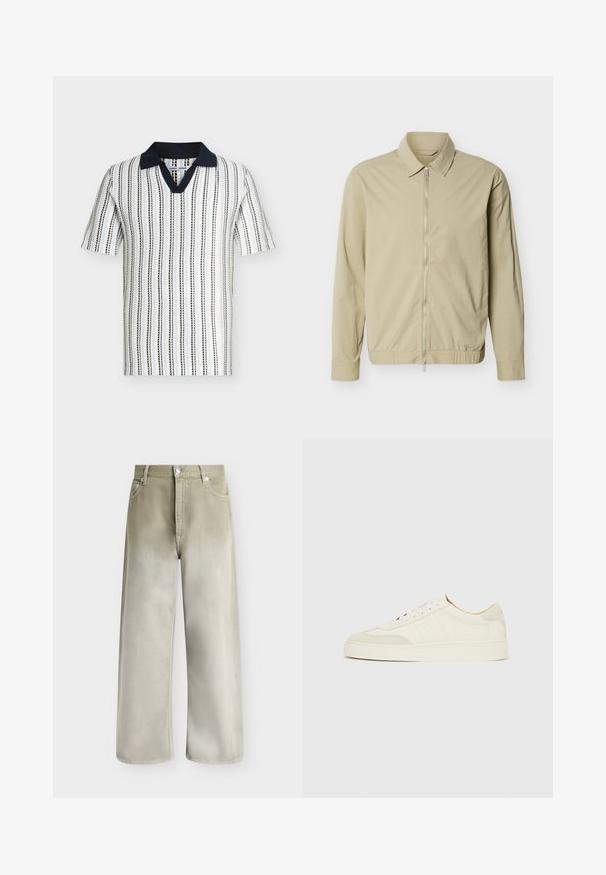 Veste légère beige à manches longues, col, et fermeture éclair argentée sur toute la longueur à l'avant, sur fond blanc.; Polo en maille à manches courtes avec des rayures verticales noires et bleues sur fond blanc, doté d’un col uni bleu marine foncé et d’une encolure en V.; Jean beige et gris clair à jambes larges, avec poches avant, passants de ceinture et fermeture par bouton.; Baskets en daim blanc à finition lisse, embout rond, design lacé plat, avec des accents texturés contrastants. Comprend un détail de logo subtil.