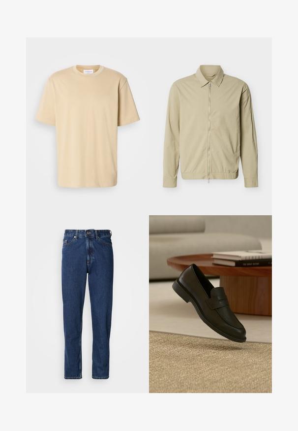 Chaqueta ligera de color beige con mangas largas, cuello y cremallera plateada de largo completo en la parte delantera sobre un fondo blanco.; Camiseta de manga corta beige, hecha de una tela suave. Presenta un escote redondo y un corte relajado sin patrones ni acentos visibles.; Jeans de mezclilla de color azul oscuro, con diseño de pierna recta, estilo de cinco bolsillos y costuras visibles a lo largo de las costuras.; Zapato mocasín de cuero negro mostrado en el aire sobre una alfombra beige tejida, con una mesa de madera y libros apilados en una sala de estar con luz suave.