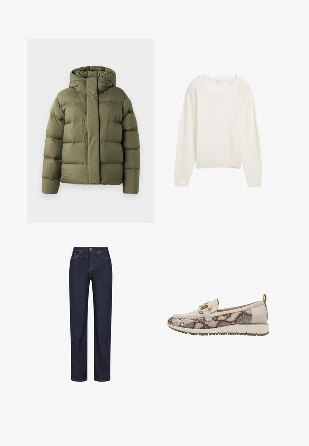 Olivegrüne gepolsterte Winterjacke mit hohem Kragen und verdecktem Reißverschluss, entworfen für kaltes Wetter.; Weißer Strickpullover mit strukturiertem Muster, weitem Rundhalsausschnitt und gerippten Bündchen und Saum. Lockere Passform mit überschnittenen Schultern.; Dunkelblaue Jeans mit geradem Bein, Vordertaschen, Gürtelschlaufen und Knopfverschluss in der Taille.; Beiger Slipper mit einer strukturierten Schlangenprint-Applikation, goldfarbenen Details und einer weißen Gummisohle mit Profil für besseren Halt.