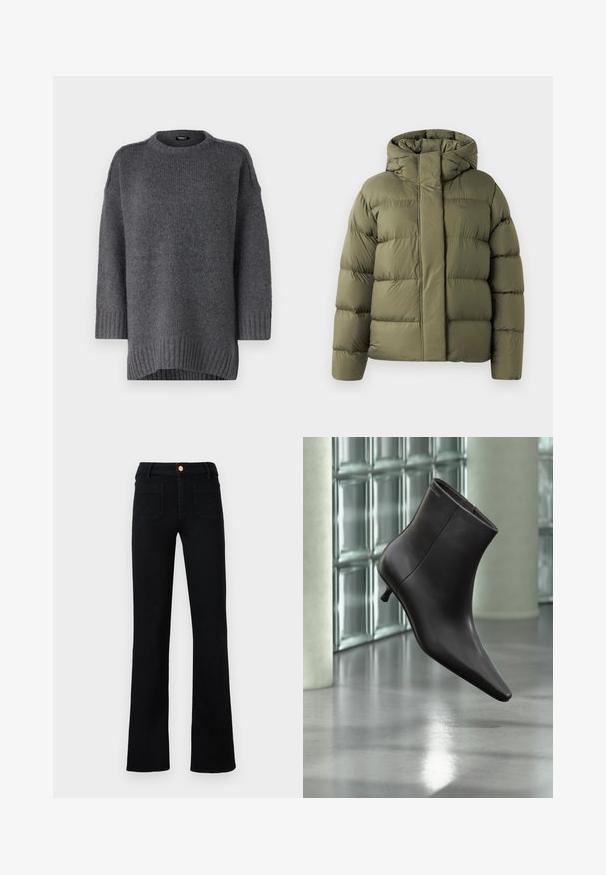 Veste d'hiver rembourrée vert olive avec col montant et fermeture éclair frontale cachée, conçue pour les températures froides.; Pull en tricot gris avec un col rond, des poignets et un ourlet côtelés. Offre une coupe décontractée et une texture douce. Manches de longueur intermédiaire.; Jean droit noir taille haute avec poches avant plaquées et fermeture à bouton en cuivre sur un fond neutre.; Bottine en cuir noir avec bout pointu et petit talon, présentée devant un mur en blocs de verre et un sol poli.