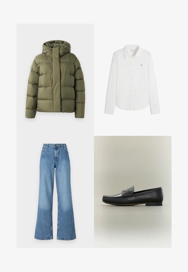Olivenfarvet polstret vinterjakke med høj krave og skjult lynlås i front, designet til koldt vejr.; Hvid langærmet skjorte med knapper og krave med lille Tommy Hilfiger-logo på venstre bryst.; Højtsiddende brede blå denimbukser med forlommer, bæltestropper og knap- og lynlåslukning.; Sort læderloafer med mokkasyning, lav hæl og guldfarvet metaldetalje på remmen, vist i profil på beige baggrund.