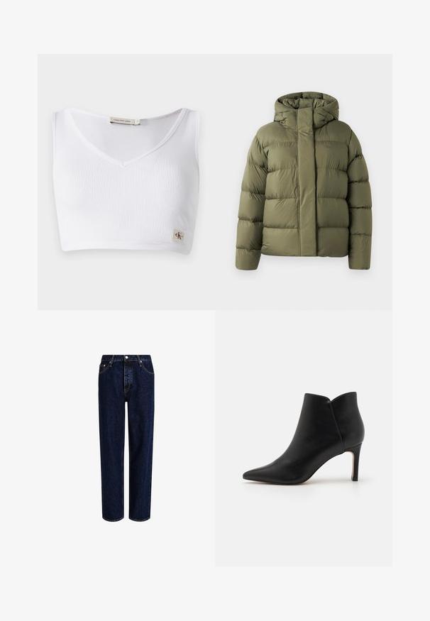 Olivegrüne gepolsterte Winterjacke mit hohem Kragen und verdecktem Reißverschluss, entworfen für kaltes Wetter.; Weißes, geripptes Bralette mit V-Ausschnitt, breiten Schulterträgern und einem kleinen Logofähnchen am Saum. Hergestellt aus einem weichen, elastischen Material.; Dunkelblaue Denim-Jeans mit geradem Bein, hoher Taille, fünf Taschen und kontrastierenden Nähten. Ohne Verzierungen.; Schwarze Leder-Spitzenstiefeletten mit einer spitzen Zehenform, tailliertem Design und einem Stiletto-Absatz, die eine einzigartige, gewellte Öffnung am Knöchel aufweisen.