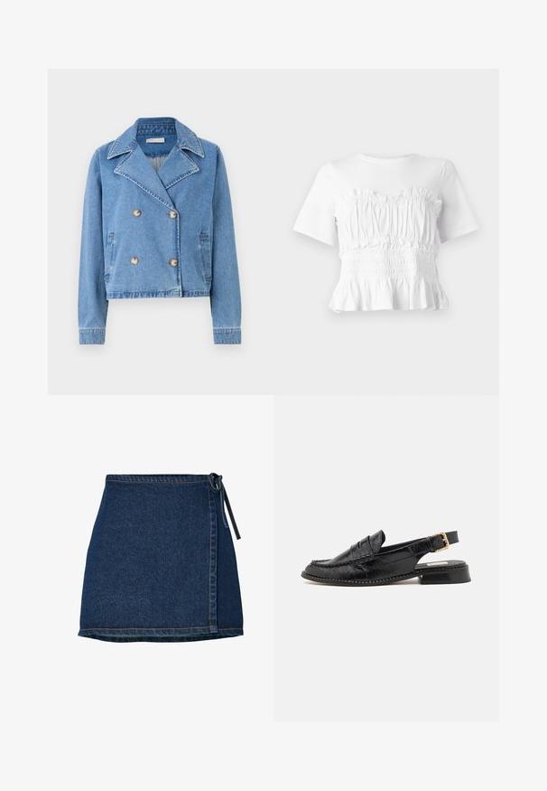 Leren spijkerjack in lichtblauw met een dubbel-breasted ontwerp, grote revers, twee knopen en zijzakken; verkorte lengte en casual pasvorm.; Witte top met korte mouwen, voorzien van een gerimpelde, smock-borstvoeding en een uitlopende zoom, met een gestructureerd ontwerp en een effen kleur.; Denimrok met een wikkelontwerp, donkerblauwe kleur en een gestrikt midden. Bevat stikdetails langs de zoom en de zijnaad.; Zwarte slingback schoenen van gestructureerd leer, met een lage hak, decoratieve stiksels en een gouden gespaccent.