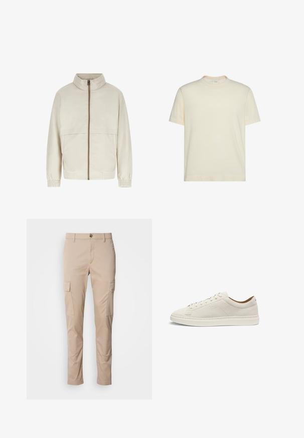 Beige lynlåsjakke med høj krave, lange ærmer, elastiske manchetter og sidelommer, vist på hvid baggrund.; Enkelt lysebeige kortærmet bomulds-T-shirt med rund hals og synlig indvendig label.; Beige cargo bukser med to sidelommer, slim fit, lavet af letvægtsstof, med en frontknaplukning og bæltesløjfer.; Beige sneakers i lavt snit i ruskind med matchende snørebånd, flad sål og diskret præget "BOSS"-logo på siden, vist i profil.