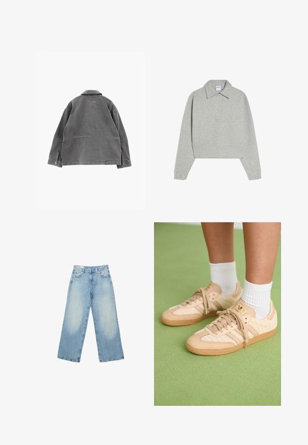 Grijze jas met lange mouwen en kraag, gezien van achteren, met knoopmanchetten en een klein gestikt lapje vlak bij de onderzoom.; Lichtgrijze pullover met lange mouwen, brede kraag en vierknoppenpasklep, met het label Bershka, plat weergegeven op een witte achtergrond.; Lichtblauwe denim jeans met wijde pijpen, vervaagde gebieden aan de voorkant van de dijen, vijfzakkenontwerp en knoopsluiting in de taille.; Voeten in beige geweven Adidas sneakers met gumzolen en witte enkelsokken op een groene gestructureerde vloer.