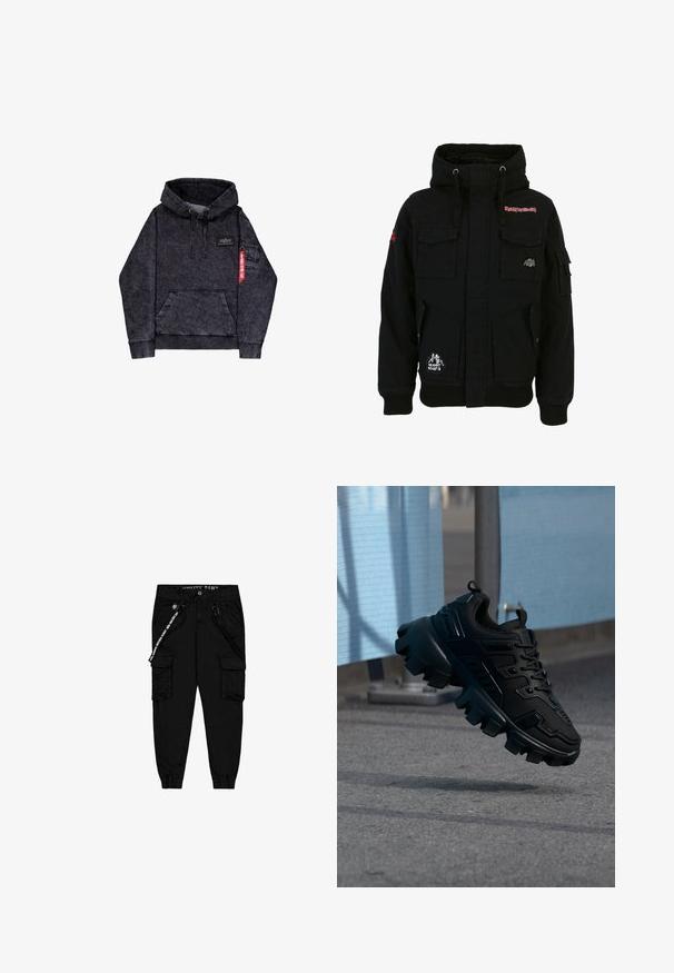Sort stofjakke med hætte, forlommer og ribbede manchetter. Har broderede logoer og et patch-detalje på venstre ærme.; Sort melange hoodie med kængurulomme, justerbar snor i hætten, logo-patch på brystet og sidelomme med rødt mærke.; Sorte cargo bukser lavet af letvægtsstof, med to sidelommer, en elastisktalje og justerbare ankelmanchetter.; Sort chunky sneaker med tyk slidbane sål, der svæver over en grå fortov mod en sløret lyseblå og grå baggrund.