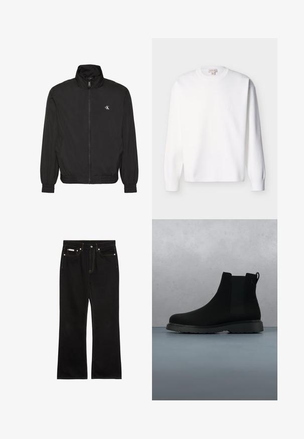 Schwarze Jacke mit Reißverschluss, hohem Kragen, elastischen Bündchen und Saum, mit kleinem weißem CK-Logo auf der linken Brust.; Weißes Sweatshirt aus Baumwolle mit langen Ärmeln, Rundhalsausschnitt und gerippten Bündchen. Einfaches Design ohne sichtbare Muster oder Grafiken.; Schwarze Jeans mit geradem Bein, oranger Naht, fünf Taschen, Knopfverschluss und kleinem Calvin Klein-Label auf der vorderen rechten Tasche.; Schwarze Knöchelstiefel aus glattem Material mit subtilen Nähten, einer Gummisohle und einem eleganten Design, platziert auf einer Oberfläche mit Holzstruktur.