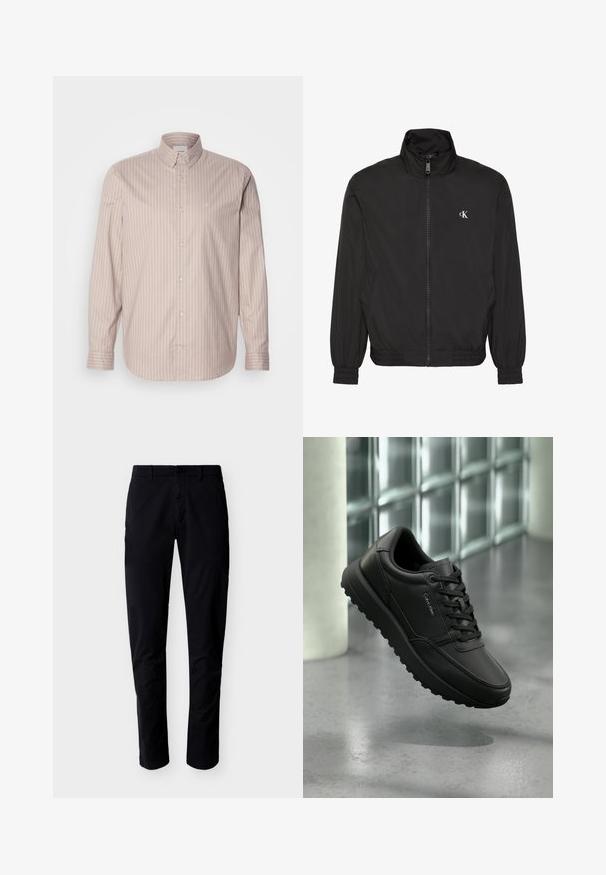 Čierna bunda na zips s vysokým golierom, elastickými manžetami a lemom, so malým bielym logom CK na ľavej strane hrudníka.; Beige košeľa s dlhým rukávom a gombíkmi, biele vertikálne pruhy, špicatý golier a malé vyšívané logo na hrudi.; Čierne nohavice úzkeho strihu s opaskovými očkami, predným gombíkom a zipsovým zapínaním, zobrazené na bielom pozadí.; Čierna kožená teniska Calvin Klein s šnúrkami, drsnou podrážkou, vznášajúca sa nad leštenou betónovou podlahou s pozadím zo sklenených blokov.