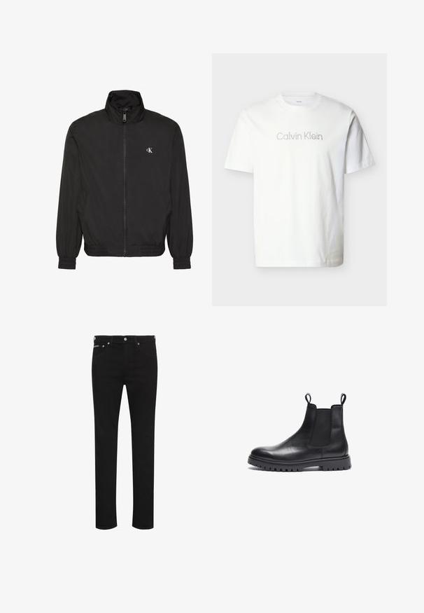 Sort jakke med lynlås og høj krave, elastiske manchetter og kant, med lille hvidt CK-logo på venstre bryst.; Hvid kortærmet t-shirt lavet af bomuld med et gråt "Calvin Klein"-logo på tværs af brystet i en minimalistisk skrifttype.; Sorte slim-fit jeans med knap foran, bæltestropper og synlige forlommer, vist på hvid baggrund.; Sorte læder Chelsea-støvler med tekstureret finish, elastiske sidepaneler og trækflapper. Har en kraftig gummisål med mønster.
