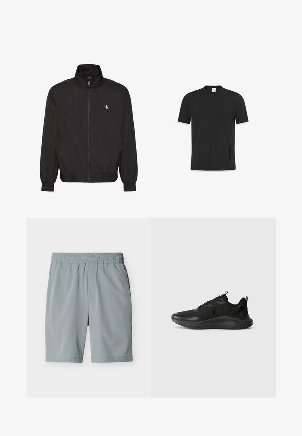 Veste noire zippée avec col haut, poignets et ourlet élastiques, avec un petit logo blanc CK sur la poitrine gauche.; T-shirt noir à manches courtes en coton lisse, avec un col rond classique et un petit logo imprimé sur le côté inférieur.; Shorts décontractés pour homme de couleur gris clair avec ceinture élastique et poches latérales, présentés à plat sur fond blanc.; Baskets de sport noires avec une finition lisse et texturée, bout rond, semelle épaisse et système de laçage pour un maintien sécurisé. Logo discret sur le côté.