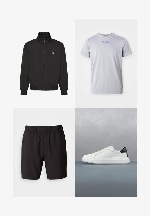 Sort jakke med lynlås og høj krave, elastiske manchetter og kant, med lille hvidt CK-logo på venstre bryst.; Lys grå kortærmet t-shirt lavet af tekstureret stof, med et blåt "Calvin Klein" logo tværs over brystet. Rund halsudskæring, normal pasform.; Sorte shorts lavet af strækbart stof, med en elastisk talje, sidelommer og et simpelt, rent design. Ingen mønstre eller detaljer.; Hvide sneakers med en glat læderoverdel og en kontrasterende sort hælaccents. Har flade snørebånd og en tekstureret gummisål.