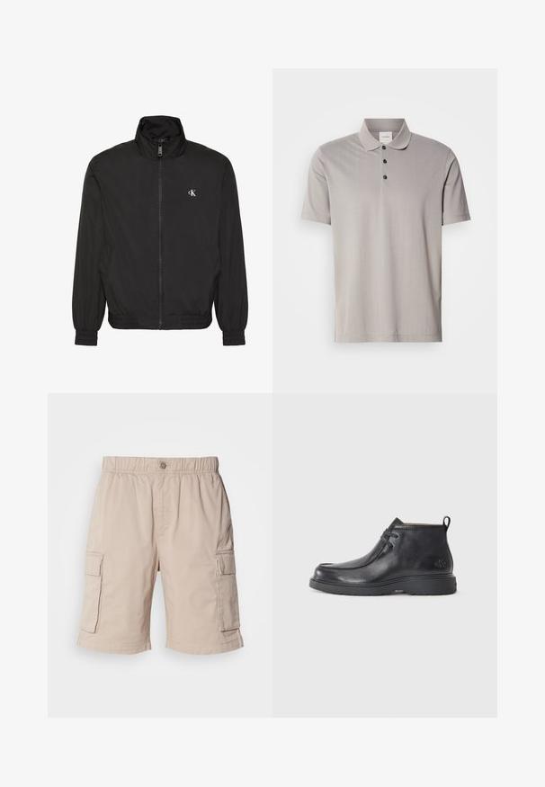 Chaqueta negra con cremallera, cuello alto, puños y dobladillo elásticos, con un pequeño logo blanco de CK en el pecho izquierdo.; Polo de manga corta gris, fabricado con un tejido suave, que presenta un cuello clásico y tres botones negros. Patrón de canalé vertical sutil en toda la prenda.; Pantalones cortos de carga beige con cintura elástica, cierre de botón, dos bolsillos laterales y bolsillos adicionales en los muslos. Tejido ligero.; Botas de cuero negras hasta el tobillo con punta redondeada, diseño con cordones y una lengüeta en la parte trasera. Parte superior texturizada y suela de goma.