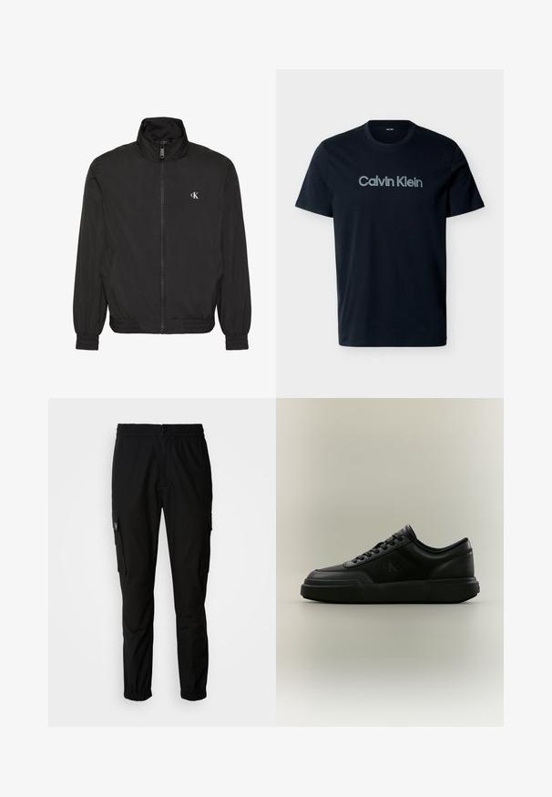 Sort jakke med lynlås og høj krave, elastiske manchetter og kant, med lille hvidt CK-logo på venstre bryst.; Sort T-shirt med korte ærmer og rund hals, med "Calvin Klein"-logo trykt over brystet i lysegrå bogstaver.; Sorte cargo bukser lavet af stof, med elastisk talje, knaplukning og flere sidelommer med klapper.; Sort lavtop sneaker med snøredesign, tyk sål og subtilt "cK" logo på siden mod en ensfarvet beige baggrund.