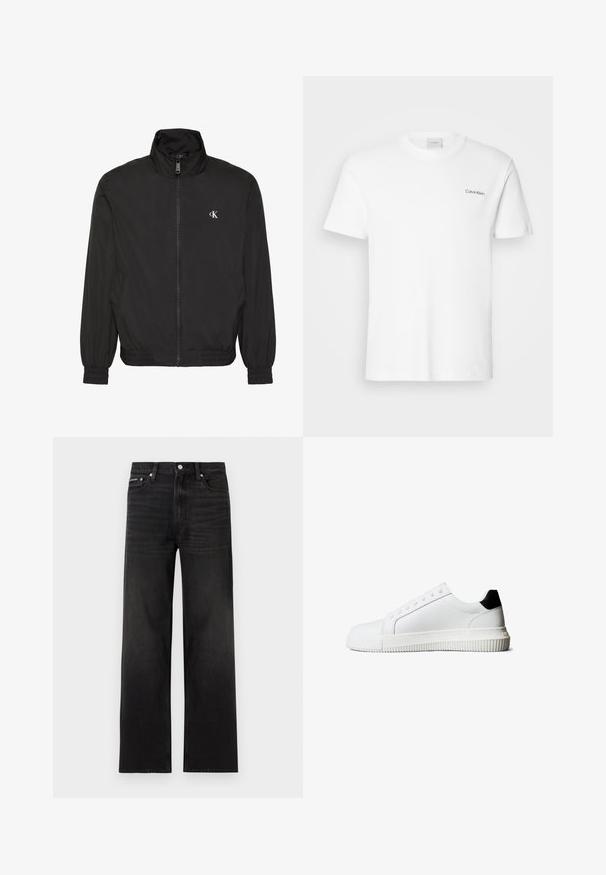 Zwarte jas met ritssluiting, hoge kraag, elastische manchetten en zoom, met een klein wit CK-logo op de linkerborst.; Witte katoen T-shirt met korte mouwen en een ronde hals. Bevat een klein zwart "Calvin Klein" logo op de linkerborst.; Zwarte jeans met rechte pijpen, vijf zakken, riemlussen en knoopsluiting, weergegeven op een witte achtergrond.; Witte leren sneakers met een zwarte hielaccent, voorzien van platte veters, een afgeronde neus en een geribbelde rubberen zool voor grip.