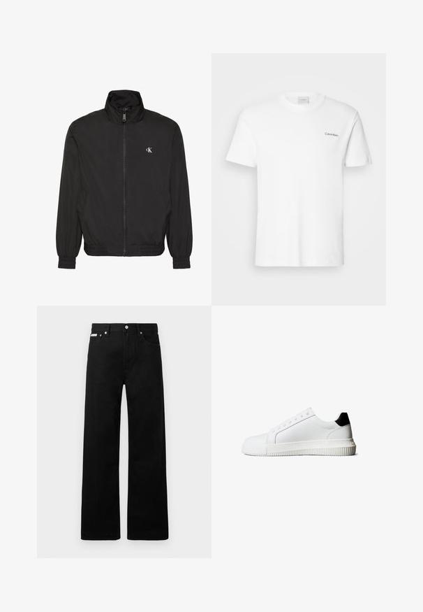 Chaqueta negra con cremallera, cuello alto, puños y dobladillo elásticos, con un pequeño logo blanco de CK en el pecho izquierdo.; Camiseta de algodón blanca con mangas cortas y un escote en forma de cuello redondo. Presenta un pequeño logotipo negro de "Calvin Klein" en el lado izquierdo del pecho.; Pantalones de mezclilla negros con un diseño de pierna ancha, que cuentan con cinco bolsillos y herrajes de botón metálico. Textura suave, sin patrones visibles.; Zapatillas de cuero blanco con un detalle en el talón negro, que cuentan con cordones planos, punta redondeada y una suela de goma acanalada para mejor agarre.