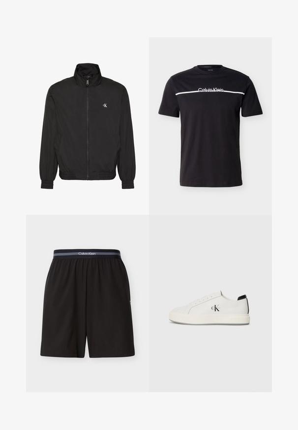 Veste noire zippée avec col haut, poignets et ourlet élastiques, avec un petit logo blanc CK sur la poitrine gauche.; T-shirt noir à manches courtes avec une bande horizontale blanche sur la poitrine et le logo "Calvin Klein" centré au-dessus de la bande.; Shorts noirs Calvin Klein pour hommes avec taille élastique et bande de marque, longueur au genou, design uni, présentés à plat sur fond blanc.; Baskets en cuir blanc avec un bout arrondi, semelle en caoutchouc plate et accent de talon noir. Présente un logo Calvin Klein noir prominent sur le côté.