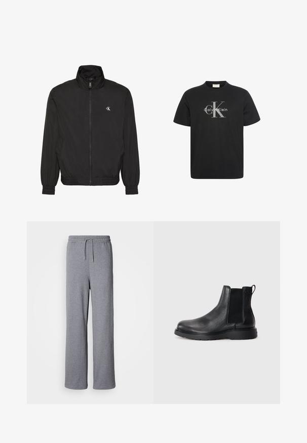 Must zip-up jope kõrge kraega, elastsete varrukate ja äärega, millel on väike valge CK logo vasakul rinnal.; Must lühikeste varrukatega T-särk, millel on suur hall "cK" logo ja valge "Calvin Klein" tekst rinnal keskel.; Hallid hallid laiad dressipüksid pehmest materjalist; omaduseks on elastne vöökoht koos sidumisnööriga ja taskute puudumine. Lihtne, kaunistusteta disain.; Mustad mustad Chelsea saapad, millel on tekstuuriga viimistlus, elastsed külgtaskud ja vastupidav kummist tald. Discreetne bränding kontsapuntšel.