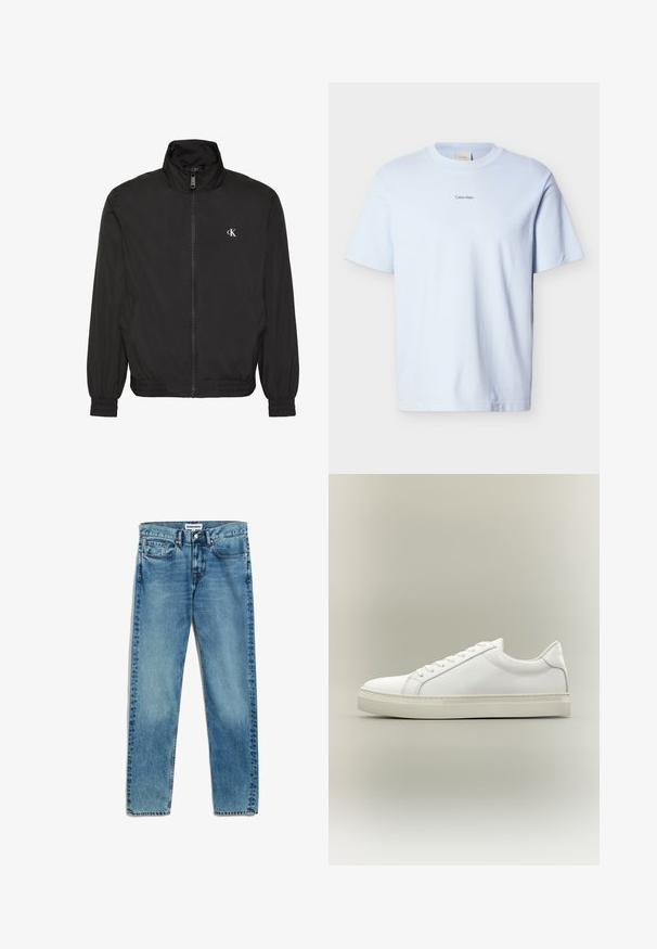 Zwarte jas met ritssluiting, hoge kraag, elastische manchetten en zoom, met een klein wit CK-logo op de linkerborst.; Lichtblauw katoenen T-shirt met een ronde hals en korte mouwen, met een kleine "Calvin Klein"-logo in het zwart op de borst gedrukt.; Lichtblauwe spijkerbroek met een rechte snit, voorzien van vijf zakken, een ritsluiting en subtiele vervaging op de stof. Metaal knoopsluiting.; Witte lage sneaker met veters aan de voorkant en dikke zool, zijaanzicht tegen een neutrale achtergrond.