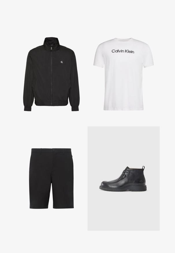 Zwarte jas met ritssluiting, hoge kraag, elastische manchetten en zoom, met een klein wit CK-logo op de linkerborst.; Wit T-shirt met korte mouwen en ronde hals met zwarte "Calvin Klein" tekst gecentreerd op de borst.; Zwarte shorts gemaakt van lichtgewicht stof, met een vlakke voorkant, standaard tailleband en zijzakken. Soepele textuur zonder zichtbare patronen.; Zwarte leren enkellaarsjes met een ronde neus, vetersluiting en een lipje aan de achterkant. Geribbelde bovenkant en rubberen zool.