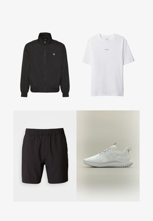 Zwarte jas met ritssluiting, hoge kraag, elastische manchetten en zoom, met een klein wit CK-logo op de linkerborst.; Witte katoenen T-shirt met een ronde hals en korte mouwen. Heeft een klein zwart "Calvin Klein"-logo in het midden van de borst.; Zwarte shorts van rekbare stof, met een elastische tailleband, zijzakken en een eenvoudig, strak ontwerp. Geen patronen of accenten.; Witte lage sportschoen met een textuure zool, veters aan de voorkant en "cK"-logo op de zijkant, in profiel getoond op een neutrale achtergrond.