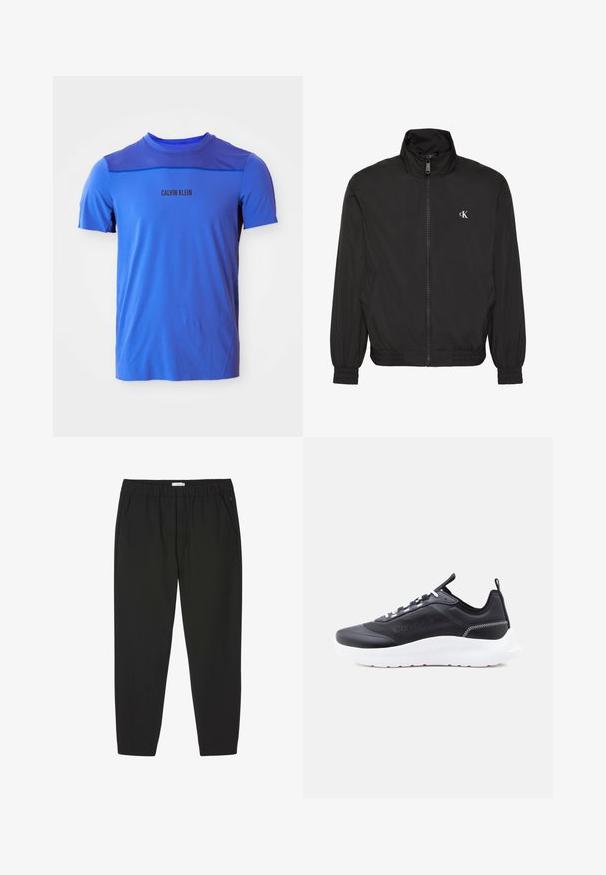 Chaqueta negra con cremallera, cuello alto, puños y dobladillo elásticos, con un pequeño logo blanco de CK en el pecho izquierdo.; Camiseta atlética azul con cuello redondo, tejido de malla en los hombros y el logo 'CALVIN KLEIN' impreso en negro. Textura suave.; Pantalones negros con cintura elástica, piernas rectas y bolsillos laterales, diseñados para uso casual o profesional.; Zapatilla baja negra con suela blanca, cordones blancos, marca Calvin Klein en el lateral y tira para tirar en el talón sobre fondo blanco.