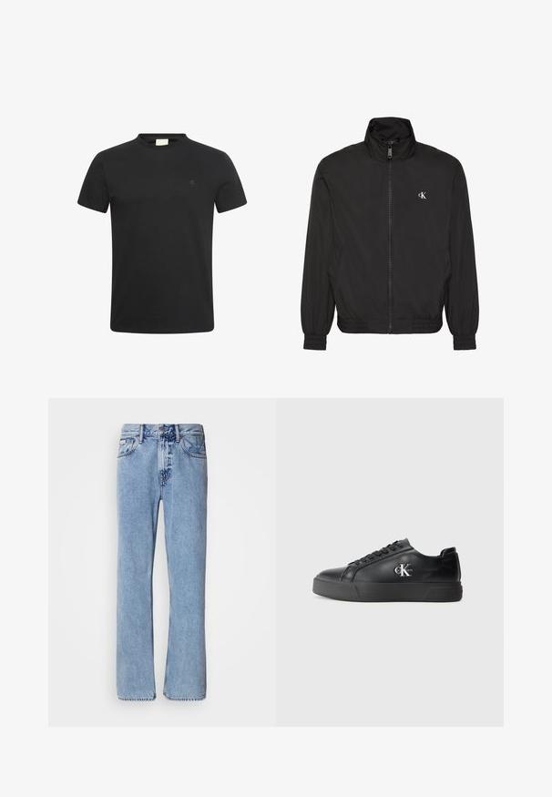 Sort jakke med lynlås og høj krave, elastiske manchetter og kant, med lille hvidt CK-logo på venstre bryst.; Sort t-shirt med korte ærmer og rund halsudskæring med lille diskret "cK" logo på venstre bryst.; Lyseblå denimjeans med lige ben design, fem lommer og knaplukning. Syninger nær lommer og talje.; Sort læder sneaker med rund tå, flad sort sål og tonalt snørebånd. Har et sølvlogo på siden og en glat tekstur hele vejen igennem.