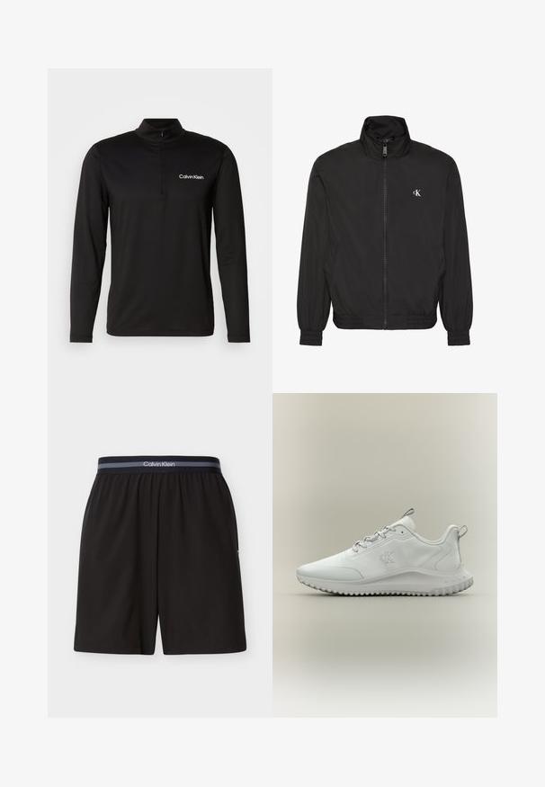 Must zip-up jope kõrge kraega, elastsete varrukate ja äärega, millel on väike valge CK logo vasakul rinnal.; Must musta varrukatega pullover, millel on kõrge krae, pool-zip sulgur ja tekstureeritud kangas. Vasakul rinnal on väike valge logo.; Mustad Calvin Kleini meeste lühikesed püksid elastse vöökohaga ja kaubamärgiga triibu, põlveni ulatuva pikkusega, lihtsa disainiga, valgel taustal laotatult.; Valge madala säärega sportlik toss, millel on tekstureeritud tallaosa, ees paelad ning küljes "cK" logo, esitletud profiilis neutraalsel taustal.