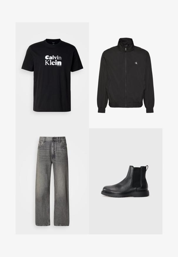 Zwarte jas met ritssluiting, hoge kraag, elastische manchetten en zoom, met een klein wit CK-logo op de linkerborst.; Zwarte katoenen T-shirt met een opvallend wit "Calvin Klein" logo, ronde hals, korte mouwen en een standaard pasvorm.; Wijde jeans in donkergrijze denim met een vervaagde finish. Voorzien van een klassieke vijfzakkenontwerp en riemlussen.; Zwarte leren Chelsea boots met een gestructureerde afwerking, elastische zijpanelen en een stevige rubberen zool. Subtiele branding op de hiel.