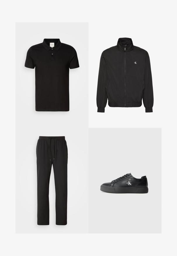 Chaqueta negra con cremallera, cuello alto, puños y dobladillo elásticos, con un pequeño logo blanco de CK en el pecho izquierdo.; Camisa polo negra hecha de una tela suave con un cuello clásico. Presenta dos botones en el cuello, mangas cortas y un logotipo sutil en el pecho.; Pantalones de chándal negros hechos de tela ligera, con una cintura elástica y cordones ajustables, además de bolsillos laterales. Textura suave.; Zapatilla de cuero negro con punta redondeada, suela negra plana y cordones tonales. Presenta un logo plateado en el costado, con una textura suave en toda su superficie.