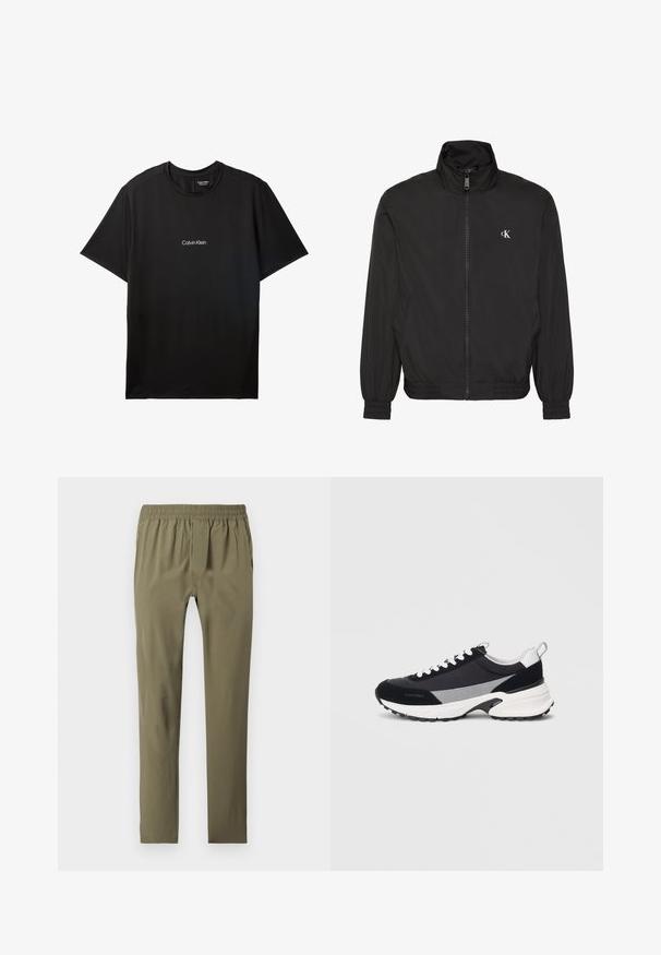 Veste noire zippée avec col haut, poignets et ourlet élastiques, avec un petit logo blanc CK sur la poitrine gauche.; T-shirt Calvin Klein noir à manches courtes avec col rond et petit logo blanc Calvin Klein centré sur la poitrine.; Pantalon slim vert olive avec taille élastique, deux poches latérales et fermeture éclair à l'avant, posé à plat sur un fond blanc.; Baskets de sport noires et grises avec une tige en matériaux mixtes, lacets et semelle blancs, forme arrondie et accents texturés au talon.