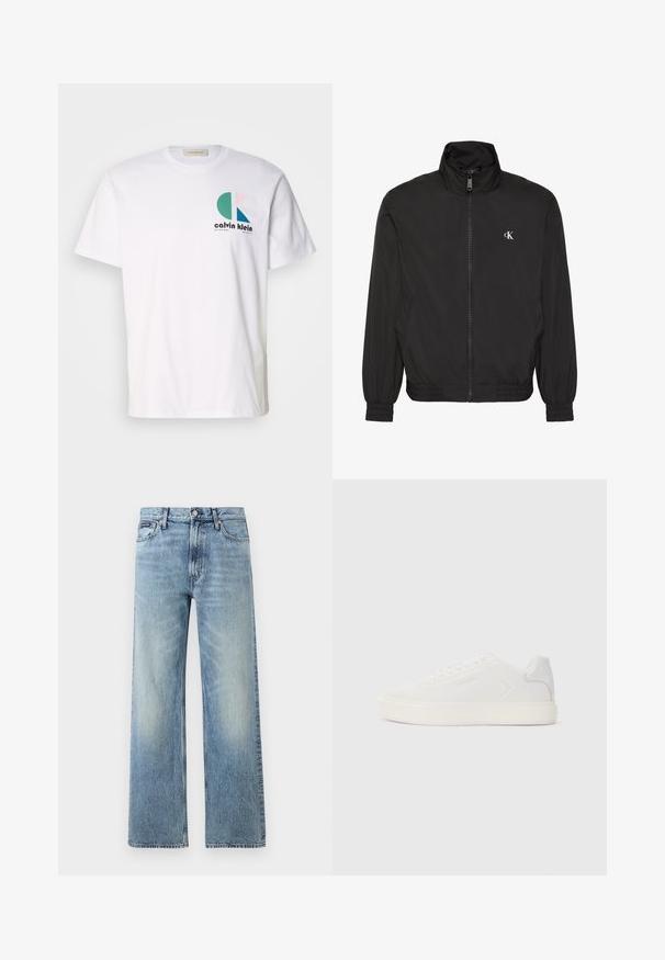 Zwarte jas met ritssluiting, hoge kraag, elastische manchetten en zoom, met een klein wit CK-logo op de linkerborst.; Witte katoenen t-shirt met een kleurrijk grafisch ontwerp met ronde vormen en het "Calvin Klein" logo aan de voorkant. Korte mouwen, ronde hals.; Lichtblauwe denim jeans met rechte pijpen, een hoge taille, vijf zakken, knoopsluiting en subtiele vervaging op de dijen en knieën.; Witte sneaker met een gladde synthetische bovenkant, ronde neus en platte witte zool. Voorzien van tonale stiksels en minimalistische branding aan de zijkant.