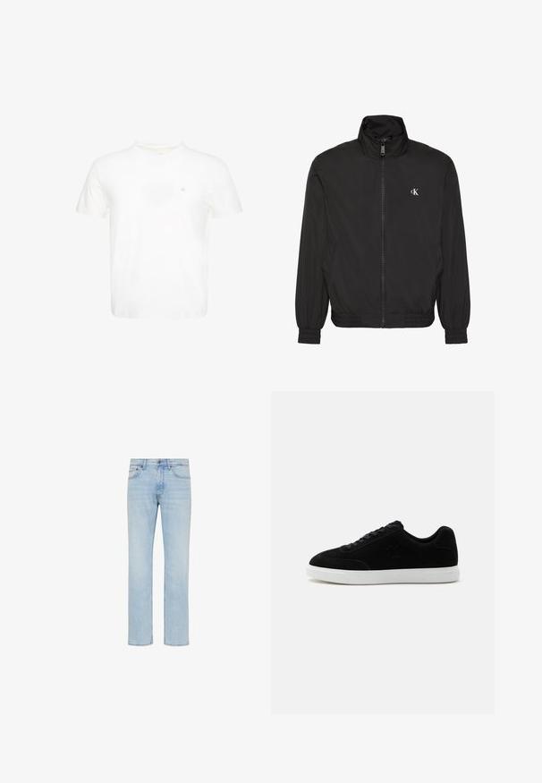 Zwarte jas met ritssluiting, hoge kraag, elastische manchetten en zoom, met een klein wit CK-logo op de linkerborst.; Witte T-shirt met korte mouwen en ronde hals met klein geborduurd "ck"-logo op de linkerborst.; Lichtblauwe rechttoe-rechtaan denim jeans met voorste knoop, ritssluiting en ontwerp met vijf zakken, getoond op een witte achtergrond.; Zwarte lage sneaker met veterluiting aan de voorkant, subtiel "ck"-logo aan de zijkant en dikke witte rubberen zool op een effen lichte achtergrond.