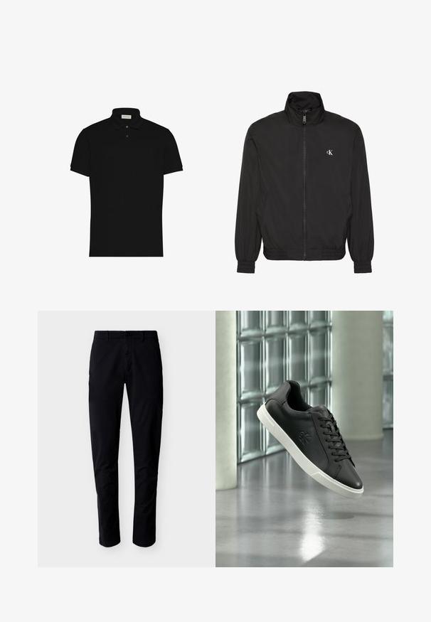 Zwarte jas met ritssluiting, hoge kraag, elastische manchetten en zoom, met een klein wit CK-logo op de linkerborst.; Zwart polohemd met korte mouwen, twee knopen en een kraag, met een klein logo op de borst.; Zwarte slim-fit broek met riemlussen, knoop aan de voorkant en ritssluiting, weergegeven op een witte achtergrond.; Zwarte lage sneaker met witte zool, veters en een reliëflogo, weergegeven tegen een achtergrond van glazen blokken en betonnen kolommen.