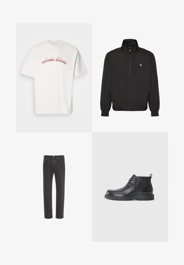 Sort jakke med lynlås og høj krave, elastiske manchetter og kant, med lille hvidt CK-logo på venstre bryst.; Hvid bomulds t-shirt med korteærmer, der har buet rød broderet tekst "calvin klein" tværs over brystet. Klassisk crew neck design.; Sorte jeans med lige ben i denim med knap- og lynlås-lukning foran, for- og baglommer, vist på hvid baggrund.; Sorte læder ankelstøvler med rund tå, snørelukning og en løkke bagpå. Tekstureret overdel og gummisål.
