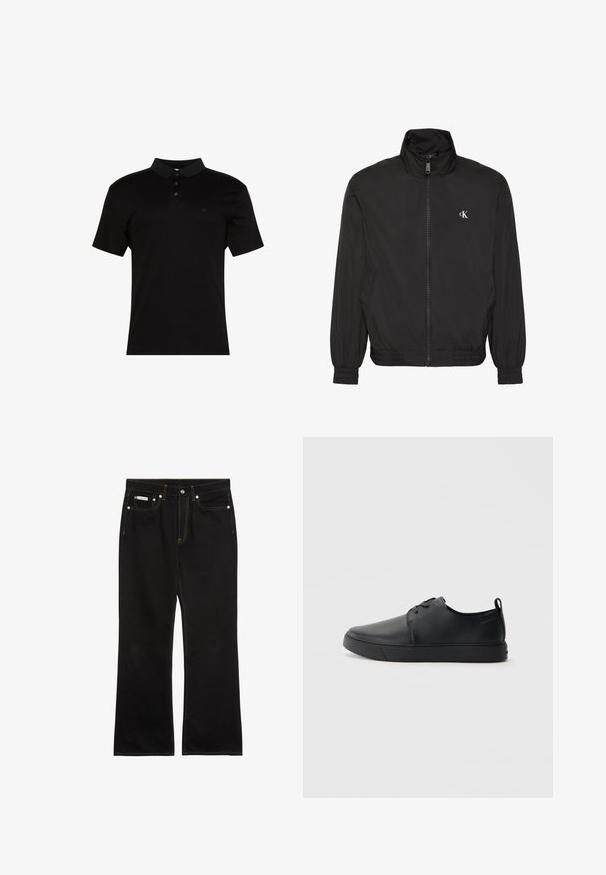 Veste noire zippée avec col haut, poignets et ourlet élastiques, avec un petit logo blanc CK sur la poitrine gauche.; Polo noir en tissu lisse, avec un col à revers, une patte à trois boutons et un petit logo sur le côté gauche de la poitrine.; Jean noir droit avec coutures orange, cinq poches, fermeture par bouton, et une petite étiquette Calvin Klein sur la poche avant droite.; Baskets en cuir noir avec une finition lisse, bout arrondi, coutures ton sur ton, devant à lacets et semelle plate en caoutchouc. Anse au talon.