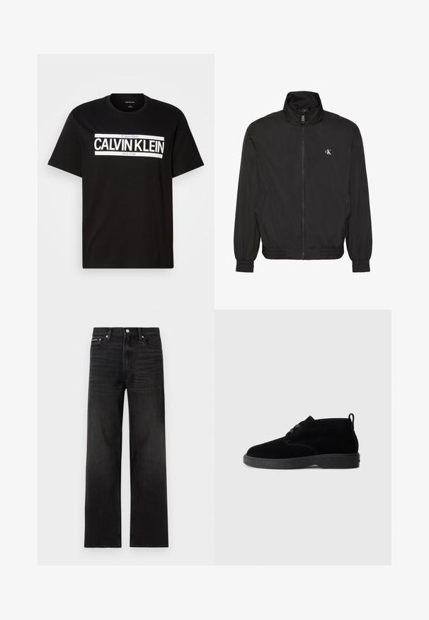 Sort jakke med lynlås og høj krave, elastiske manchetter og kant, med lille hvidt CK-logo på venstre bryst.; Sort kortærmet T-shirt med hvid "CALVIN KLEIN NEW YORK" logo centreret på brystet, rund halsudskæring og et medium størrelsesmærke indeni kraven.; Sorte jeans med lige ben, fem-lomme design, bæltestropper og knaplukning, vist på en hvid baggrund.; Sorte ruskindsankelstøvler med rund tå, snørebåndsdesign, sort gummisål og en sløjfe bag på for nem påtagning.