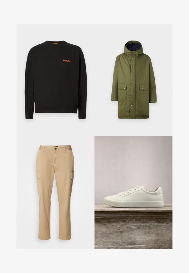 Replay HOODED - Parka - mud green; Zwarte lange mouwen t-shirt van katoen, met een klein oranje "Replay Inc." logo op de borst, een ronde halslijn en een standaard pasvorm.; Beige cargobroek van katoen. Bevat twee zijzakken, een knoopsluiting en een recht gesneden ontwerp. Gladde textuur, casual stijl.; Witte vetersneaker die boven een houten bank zweeft met groene bladeren op de achtergrond, waarbij het ontwerp en de textuur van de schoen worden getoond.