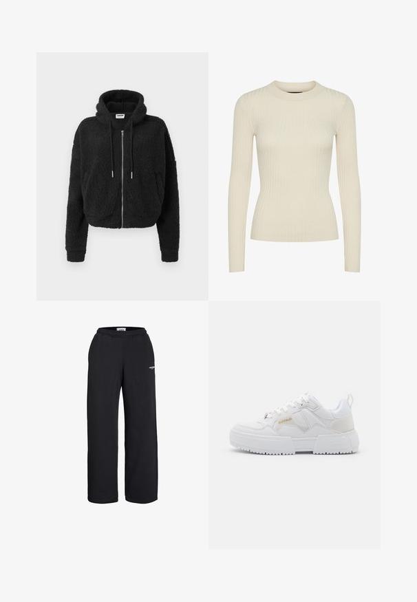 Sort cropped hoodie lavet af tekstureret fleece. Har lynlås foran, hætte med snoretræk og ribbet manchetter. Ingen yderligere mønstre eller detaljer.; Ribbet langærmet top i off-white, med rund halsudskæring og tætsiddende design, lavet af et blødt strikstof med subtil tekstur.; Sorte sweatpants med lige ben, elastisk talje og lille hvidt logo på øvre lår, designet til afslappet brug.; Hvide sneakers med et chunky design, fremstillet af læder og syntetiske materialer, med teksturerede detaljer, snørebånd og et fremtrædende logo i guld.