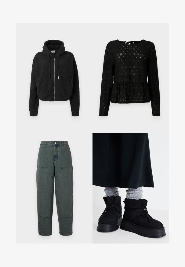 Zwarte cropped hoodie van gestructureerd fleece. Voorzien van een ritssluiting aan de voorkant, een capuchon met trekkoord en geribde manchetten. Geen verdere patronen of accenten.; Zwarte peplum top van gestructureerde kant met lange mouwen, voorzien van een ronde halslijn en een strikdetail aan de achterkant.; Denim broek in donkerblauw met een relaxte pasvorm, voorzien van zijzakken en contrasterende stiksels. De stof heeft een licht vervaagde textuur.; Zwarte puffy enkelboots met platte zolen, veters en opvallende stiksels. Gecombineerd met grijze geribde sokken die eruit steken, gedragen met een donkere rok.