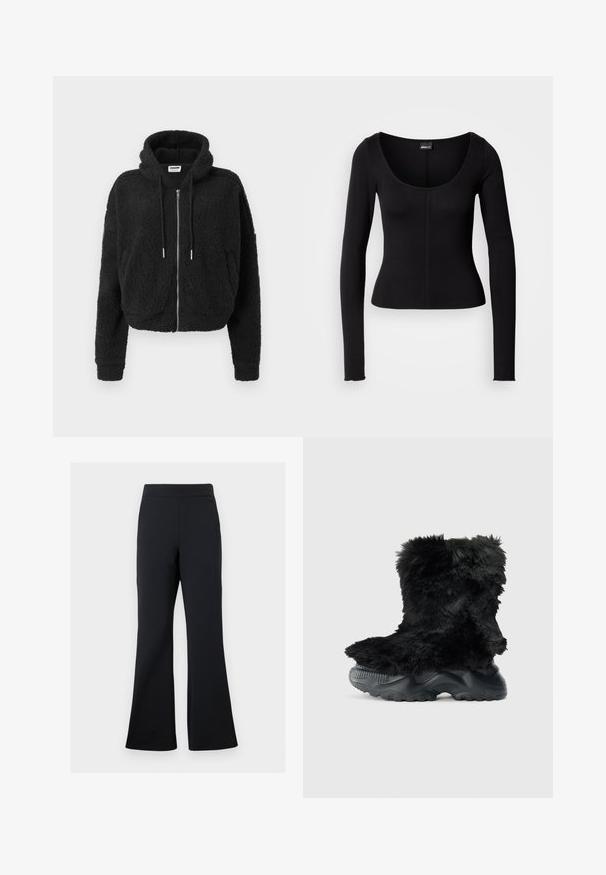 Sort cropped hoodie lavet af tekstureret fleece. Har lynlås foran, hætte med snoretræk og ribbet manchetter. Ingen yderligere mønstre eller detaljer.; Sort langærmet top med rund halsudskæring, tætsiddende pasform og lodrette syninger i midten. Fremstillet af et glat stof.; Sorte flared bukser lavet af blødt stof med elastisk talje og en diskret sidelomme, der har en glat tekstur og minimalistisk design.; Sort, fuzzy ankelstøvle med en struktureret overdel, der har en tykk sort gummisål og et mønster for greb og stabilitet.