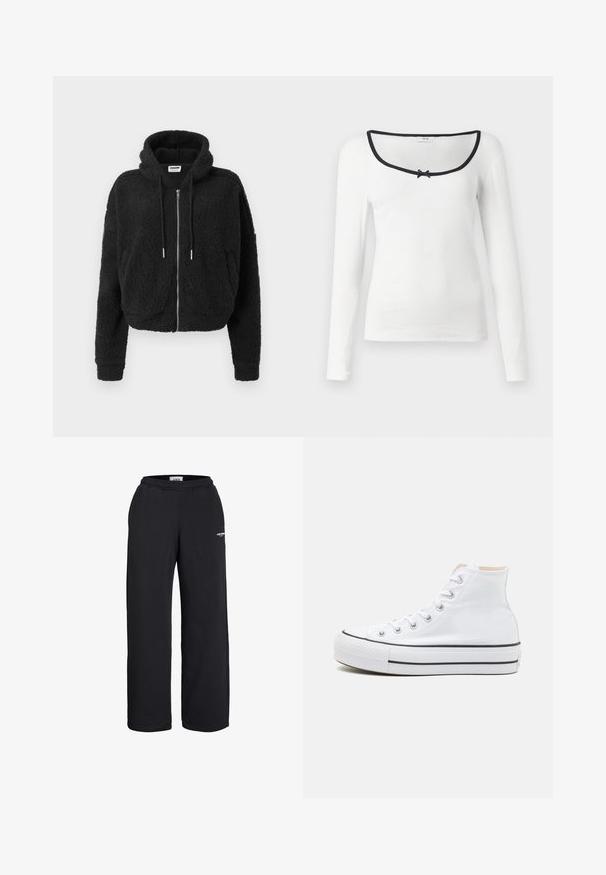 Sort cropped hoodie lavet af tekstureret fleece. Har lynlås foran, hætte med snoretræk og ribbet manchetter. Ingen yderligere mønstre eller detaljer.; Langærmet hvid skjorte med kvadratisk halsudskæring, sort trim og en lille sort sløjfedetail i midten. Tekstureret ribbet stof.; Sorte sweatpants med lige ben, elastisk talje og lille hvidt logo på øvre lår, designet til afslappet brug.; Hvide høj-top sneakers lavet af kanvasmateriale, sort gummisål og kontrasterende sort stribe på mellemsålen. Rund tåhætte og snørebåndsdesign.