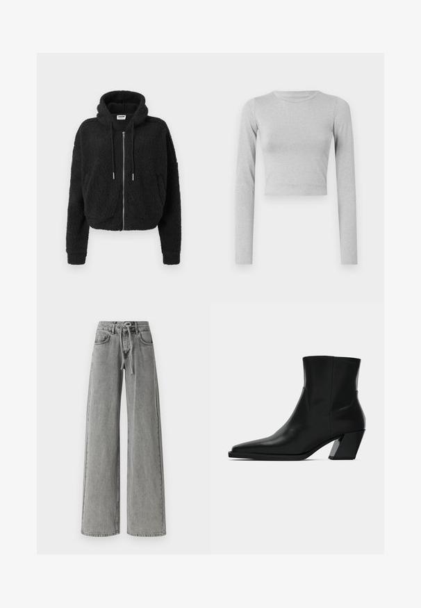 Sort cropped hoodie lavet af tekstureret fleece. Har lynlås foran, hætte med snoretræk og ribbet manchetter. Ingen yderligere mønstre eller detaljer.; Lys grå cropped langærmet top lavet af et strækmateriale, med en enkel rund halsudskæring og en glat tekstur.; Bredde grå jeans lavet af denim, med en frontbinding, to sidelommer og en falmet vask. Rent design med minimal syning.; Sortlæder ankelstøvle med spids tå, en slank silhuet og en kraftig firkantet hæl. Glat tekstur med minimale stikninger.