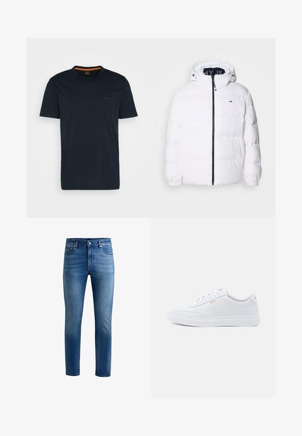 Tommy Jeans WATER REPELLENT DOWN HOODED JACKET - Untuvatakki - white; Tummansininen lyhythihainen t-paita pehmeästä puuvillakankaasta, jossa on pyöreä kaula-aukko ja huomaamaton "BOSS"-logo vasemmassa rintapielessä. Oranssi yksityiskohta sisäpuolella.; Siniset farkut, kapealla istuvuudella, viidellä taskulla, vetoketjulla ja hillityllä haalistuksella edessä. Sileä pinta ja suorat lahkeet.; Valkoiset nahkakengät, joissa on sileä pinta, pyöreä kärki ja tonalisointi. Varustettu sinisillä nauhoilla ja kultaisella logolla sivussa.
