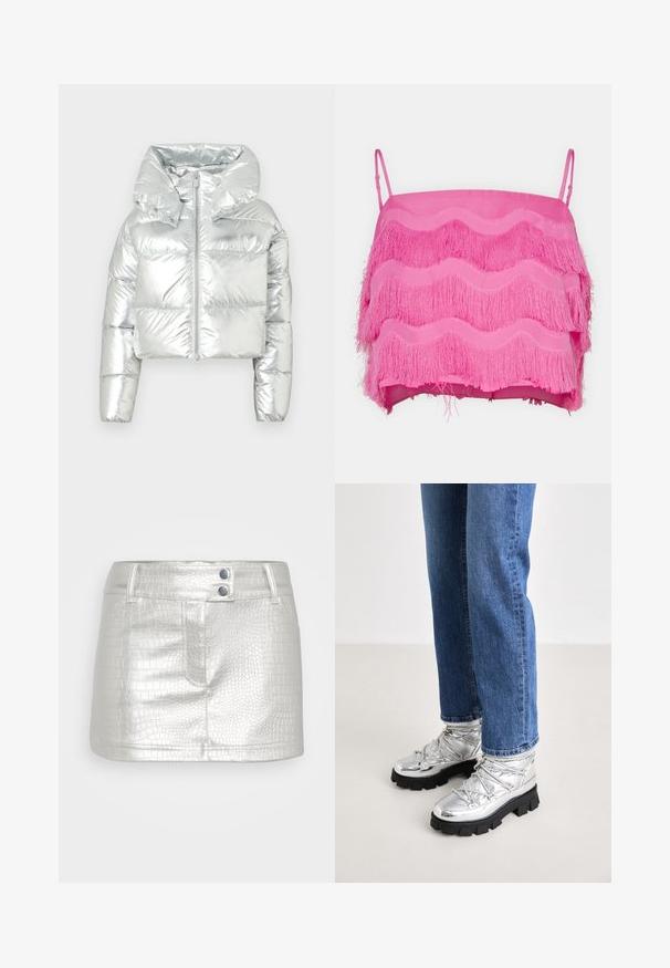 Ασημί μεταλλικό μπουφάν τύπου puffer με cropped σχεδίαση, υπερμεγέθη κουκούλα, φερμουάρ και ελαστικούς μανσέτες. Διαθέτει ανάγλυφη υφή.; Ροζ κοντό τοπ με επίπεδες φούντες, διαθέτοντας κυματιστά σχέδια και λεπτές ρυθμιζόμενες τιράντες. Η απλή υφή του υφάσματος συμπληρώνει το σχέδιο.; Ασημί φούστα από συνθετικό δέρμα με υφή κροκόδειλου, που διαθέτει δύο μπλε κουμπιά ως διακόσμηση και εφαρμοστή σχεδίαση.; Μεταλλικά ασημένια μποτίνια μέχρι τον αστράγαλο με ανθεκτική μαύρη σόλα, με επενδεδυμένο πάνω μέρος και κορδόνια, συνδυασμένα με μπλε τζιν κανονικής γραμμής.