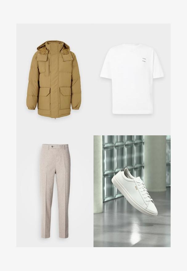 Khaki pufjakke med lynlås og snaplukning, store forlommer, elastiske manchetter og hætte. Glat tekstur og quiltet design.; Hvid bomulds t-shirt med en afslappet pasform, korte ærmer og V-udskæring. Har to små sorte trykte logoer på venstre side.; Lys beige uldslynger med en glat tekstur, lige snit, frontfolder og en enkelt knaplukning i taljen.; Hvid læder lav-top sneaker med snørebånd, sort hælflig og "BOSS"-logo, svævende indendørs nær glasblok væg og poleret gulv.